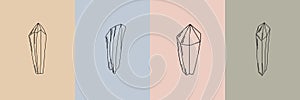 Vector set of crystal illustrations in minimal linear style, hand drawn gems and crystals