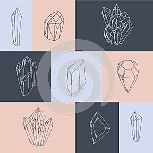 Vector set of crystal illustrations in minimal linear style, hand drawn gems and crystals