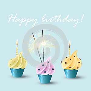 Vector set of cupcakes with different flavors and decoration, burning candles and bengal lights sparklers. Happy birthday