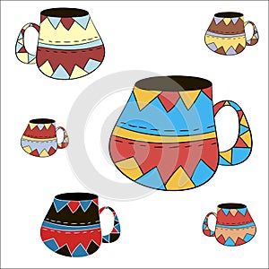 Vector set of cups of tea, coffee, milk to draw hands in Scandinavian style. Isolated colored objects