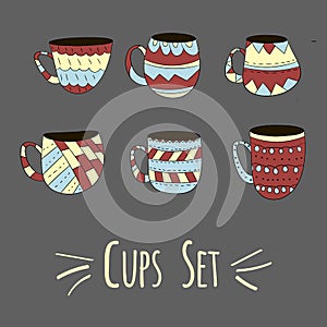 Vector set of cups of tea, coffee, milk to draw hands in Scandinavian style. Isolated colored objects
