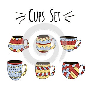 Vector set of cups of tea, coffee, milk to draw hands in Scandinavian style. Isolated colored objects