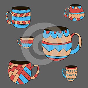 Vector set of cups of tea, coffee, milk to draw hands in Scandinavian style. Isolated colored objects