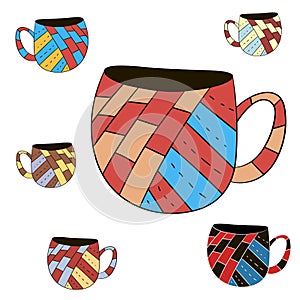 Vector set of cups of tea, coffee, milk to draw hands in Scandinavian style. Isolated colored objects