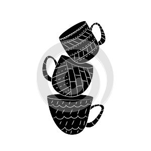 Vector set of cups of tea, coffee, milk to draw hands in Scandinavian style. Isolated monochrome objects