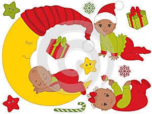 Vector Set of Cute African American Babies Wearing Christmas Clothes