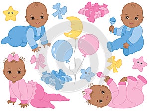 Vector Set of Cute African American Baby Boy and Baby Girl. Vector Baby Shower