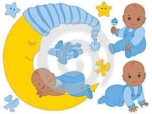 Vector Set with Cute African American Baby Boys, the Moon and Diapers