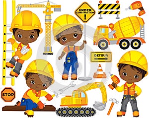 Vector Set with Cute African American Boys Dressed as Little Builders and Construction Transport