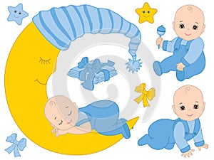 Vector Set with Cute Baby Boys, the Moon and Diapers