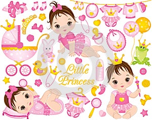 Vector Set with Cute Baby Girls Dressed as Princesses and Various Accessories