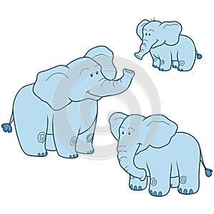 Vector set with cute blue elephants family photo