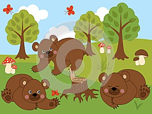 Vector Set of Cute Cartoon Brown Bears