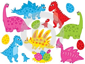 Vector Set of Cute Cartoon Dinosaurs and Eggs