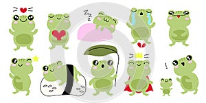 Vector set of cute cartoon frogs. Kawaii froggie pack. Baby animals bundle. Cartoon characters for kids flat