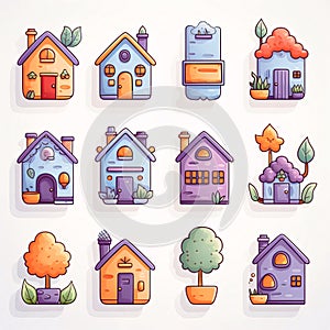 Vector set of cute cartoon houses in flat style. Isolated on white background