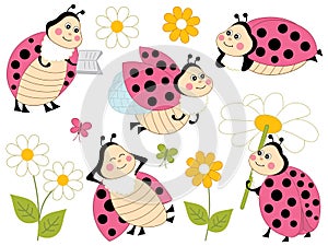 Vector Set of Cute Cartoon Ladybugs and Flowers