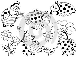 Vector Set of Cute Cartoon Ladybugs and Flowers