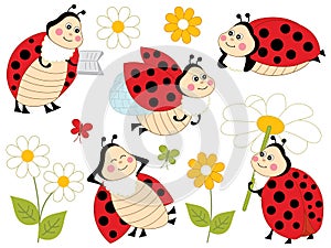 Vector Set of Cute Cartoon Ladybugs and Flowers