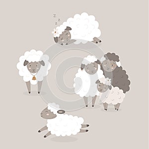 Vector set of cute cartoon sheeps standing, jumping and lying Lambs icons with bell, flower, glasses for children. Farm