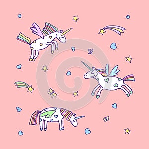 Vector set of cute cartoon unicorn. Illustration of unicorns