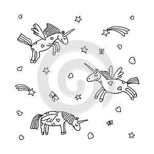 Vector set of cute cartoon unicorn. Illustration of unicorns