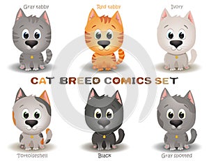 Vector set with cute cats breeds in cartoon style. Game UI Flat. Little kittens in different colors