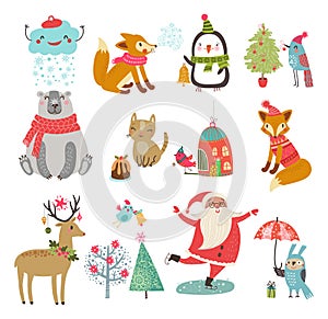 Vector set of cute characters. New year Christmas Winter Collection