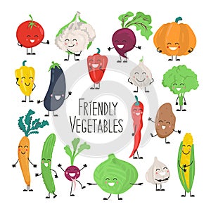 Vector set of cute cheerful vegetables. Happy collection of character isolates in cartoon style. Friendly vegetables