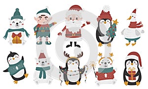 Vector set of cute Christmas penguins, bears, elf and santa claus.