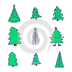 Vector set of cute Christmas trees with toys and snow