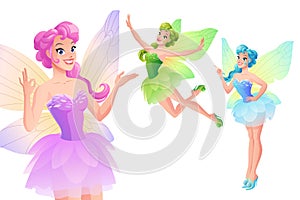 Vector set of cute colorful fairies with butterfly wings.