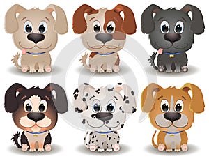 Vector set with cute dogs breeds in cartoon style. Game UI Flat. Little Puppys in different colors