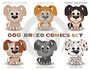 Vector set with cute dogs breeds in cartoon style. Game UI Flat. Little Puppys in different colors