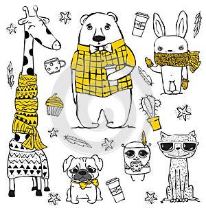 Vector set of cute doodle hipster giraffe, bears, dog, cat, rabbit and tribal owl. Perfect for greeting card design, t