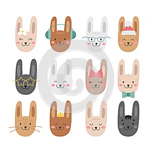 Vector set of cute doodle rabbits. Black bunny as a symbol of chinese new year 2023. Funny collection of rabbit icons in