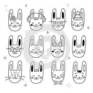 Vector set of cute doodle rabbits. Bunny silhouette as a symbol of chinese new year 2023. Outline collection of rabbit