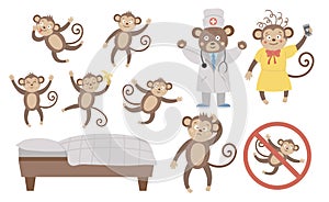 Vector set with cute five little monkeys, mommy, doctor, bed isolated on white background. Funny nursery rhyme and song