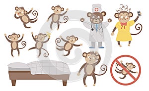Vector set with cute five little monkeys, mommy, doctor, bed isolated on white background. Funny nursery rhyme and song photo