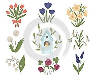 Vector set of cute flat spring flowers and starling-house with chick inside. First blooming plants illustration with bird house.