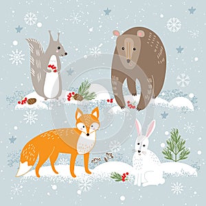Vector set of cute forest animals: fox, bear, rabbit and squirrel on winter background.