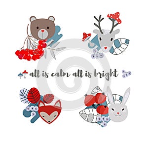 Vector set of cute forest elements - animals and trees. Set of four cute pictures with forest animals and plants