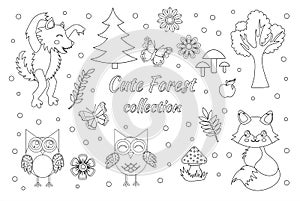 Vector set of cute forest elements sketch outline doodle style. Coloring book page for kids. Woodland animals fox, wolf, owls,