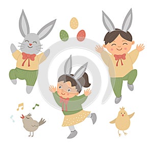 Vector set of cute funny bunny and happy children with ears, colored eggs, chirping bird and chick. Spring funny illustration.