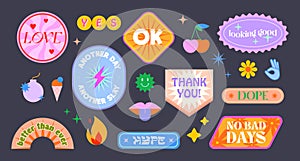 Vector set of cute funny patches and stickers in 90s style