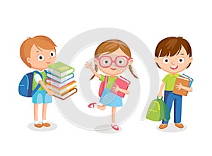 Vector set of cute girl and boy standing with books and backpacks in school uniform.