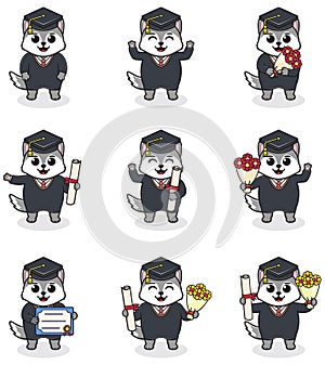 Vector Set of Cute Graduation Themed Wolf photo