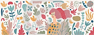 Vector set of cute hand drawn collage elements, flowers, leaves. Spring, summer collection. Dreamy woman. Nature design