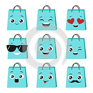 Vector set of cute and happy shopping bags