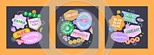 Vector set of cute illustrations with patches and stickers in 90s style